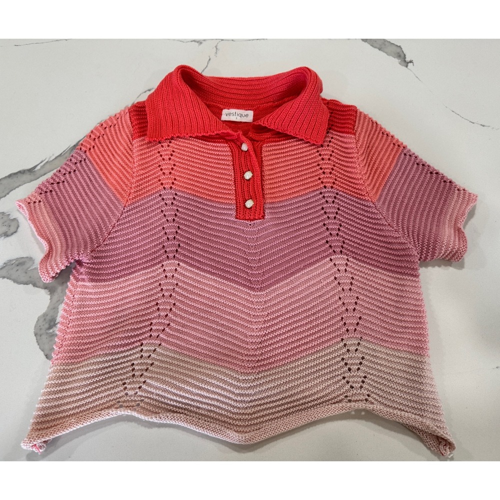 Vestique Pink Red Ombre Pointelle‎ Knit Polo Short Sleeve Sweater S